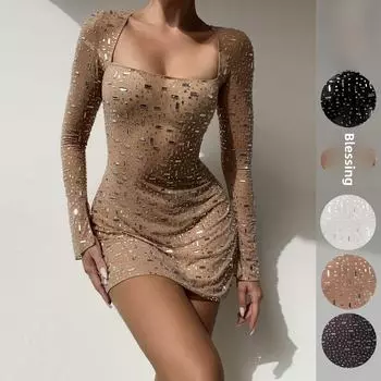 Женское полупрозрачное платье с длинными рукавами и пайетками 2023 года M телесный