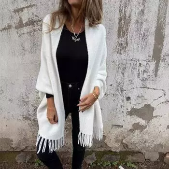 Женское пончо-кейп из искусственного меха большого размера с бахромой, зимнее теплое однотонное, накидка-шаль с рукавами «летучая мышь» S