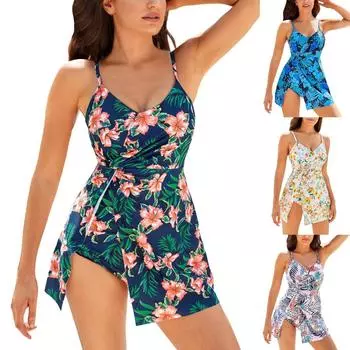 Женское повседневное цельное платье бикини с цветочным принтом купальник платье купальник L синий