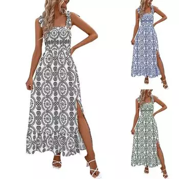 Женское повседневное длинное платье без рукавов с принтом на подтяжках и разрезом L чёрный