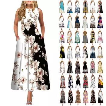 Женское повседневное длинное платье без рукавов с большим подолом и круглым вырезом с принтом L чёрный