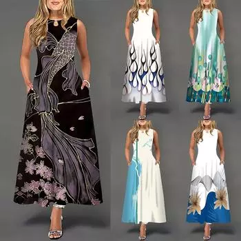 Женское повседневное длинное платье без рукавов с большим подолом и круглым вырезом с принтом S чёрный