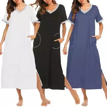 Женское повседневное длинное платье, домашняя одежда, пижама с V-образным вырезом и коротким рукавом, с карманом L