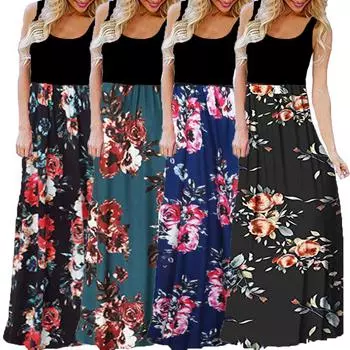 Женское повседневное длинное платье макси без рукавов с принтом XXL чёрный