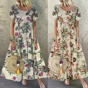 Женское повседневное длинное платье макси с коротким рукавом в стиле ретро в стиле бохо и льняным принтом больших размеров L оранжевый