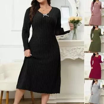 Женское повседневное длинное платье с длинными рукавами, V-образным вырезом, однотонными деревянными серьгами, платье больших размеров 4XL армия зеленый