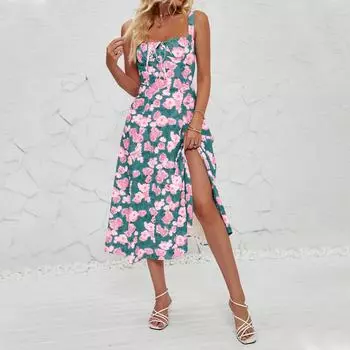 Женское повседневное длинное платье с круглым вырезом и принтом, пляжное платье, платье для свадебного гостя, женское платье L синий