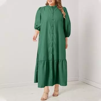 Женское повседневное длинное платье с круглым вырезом и рукавами 3/4 большого размера 3XL хаки