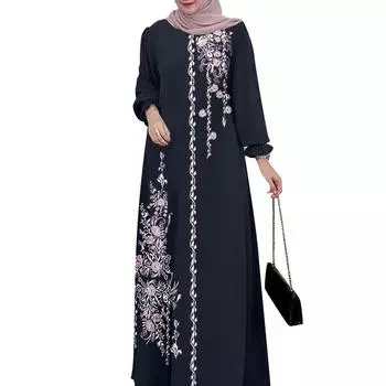 Женское повседневное длинное платье с круглым вырезом и длинным рукавом в стиле ретро S темно-синий