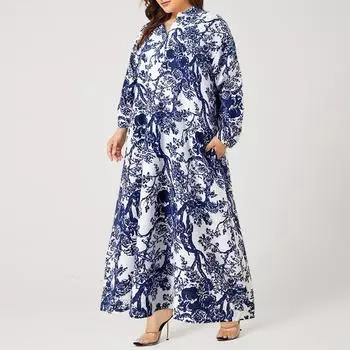 Женское повседневное длинное платье с отложным воротником и длинным рукавом с принтом S белый