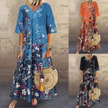 Женское повседневное длинное платье с принтом и V-образным вырезом, пуловер со средней талией, платье большого размера One size чёрный