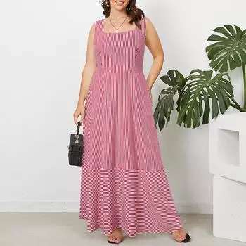 Женское повседневное длинное платье в полоску без рукавов с квадратным вырезом и бретелями S чёрный