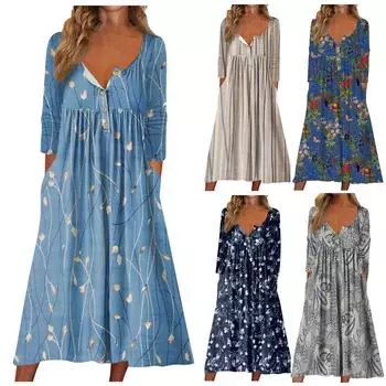 Женское повседневное длинное платье в полоску с круглым вырезом и пуговицами с карманами L синий