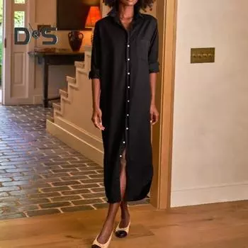 Женское повседневное джинсовое платье-рубашка с длинным рукавом и пуговицами, длинное джинсовое платье с отворотом S темно-синий