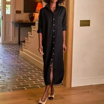 Женское повседневное джинсовое платье-рубашка с длинным рукавом и пуговицами, длинное джинсовое платье с отворотом S темно-синий