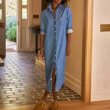 Женское повседневное джинсовое платье-рубашка с длинным рукавом и пуговицами, длинное джинсовое платье с отворотом S чёрный