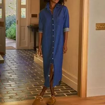 Женское повседневное джинсовое платье-рубашка Yousheng с длинным рукавом и пуговицами, длинное джинсовое платье с отворотом S чёрный