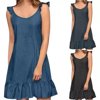 Женское повседневное джинсовое платье с рюшами на подоле, жилет на подтяжках, пляжное платье L чёрный