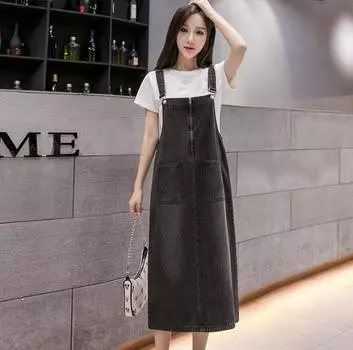 Женское повседневное джинсовое платье средней длины на бретелях, однотонное платье с высокой талией, без рукавов сзади 5XL темно-синий