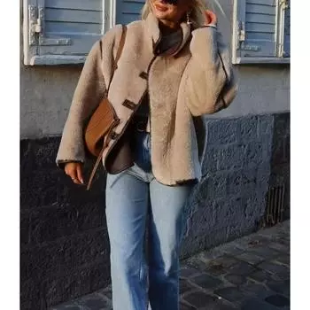 Женское повседневное флисовое свободное пальто с высоким воротником и пуговицами, куртка, зимняя модная толстая теплая куртка на молнии, верхняя одежда S бежевый