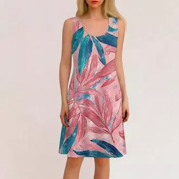 Женское повседневное гавайское праздничное платье с принтом и U-образным вырезом без рукавов, пляжное платье S