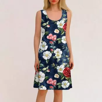 Женское повседневное гавайское праздничное платье с принтом и U-образным вырезом без рукавов, пляжное платье XL
