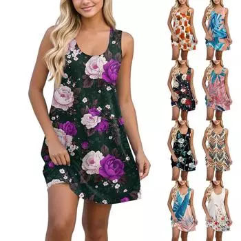 Женское повседневное гавайское праздничное платье с принтом и U-образным вырезом без рукавов, пляжное платье XL