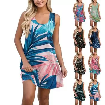 Женское повседневное гавайское праздничное платье с принтом и U-образным вырезом без рукавов, пляжное платье M чёрный