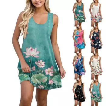 Женское повседневное гавайское праздничное платье с принтом и U-образным вырезом без рукавов, пляжное платье M