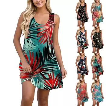 Женское повседневное гавайское праздничное платье с принтом и U-образным вырезом без рукавов, пляжное платье XL