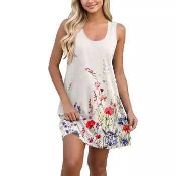 Женское повседневное гавайское праздничное платье с принтом и U-образным вырезом без рукавов, пляжное платье S хаки
