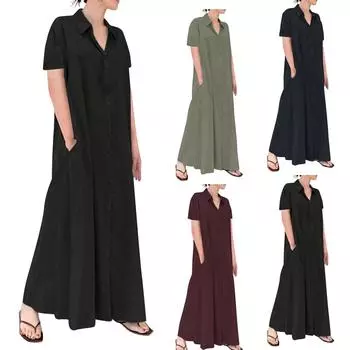 Женское повседневное хлопково-льняное однотонное свободное темпераментное короткое платье-рубашка L чёрный