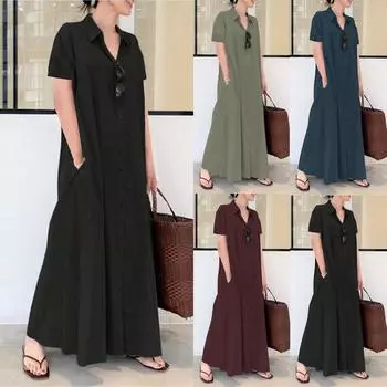 Женское повседневное хлопково-льняное однотонное свободное темпераментное короткое платье-рубашка