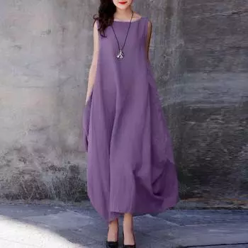 Женское повседневное хлопковое платье, летнее свободное длинное платье без рукавов с круглым вырезом