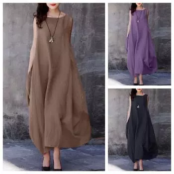 Женское повседневное хлопковое платье, летнее свободное длинное платье без рукавов с круглым вырезом S фиолетовый