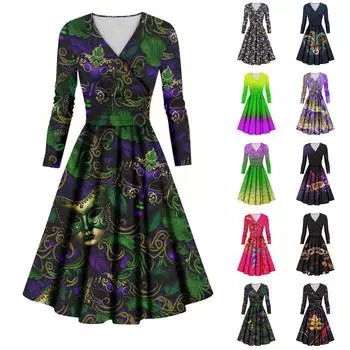 Женское повседневное и модное карнавальное платье с длинными рукавами и V-образным вырезом, сексуальное платье S коричневый