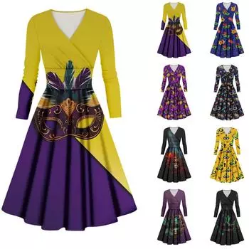 Женское повседневное и модное карнавальное платье с длинными рукавами и V-образным вырезом, сексуальное платье XXXL синий