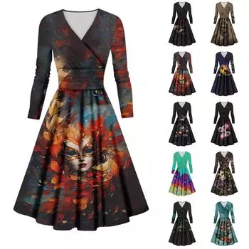 Женское повседневное и модное карнавальное платье с длинными рукавами и V-образным вырезом, сексуальное платье M чёрный