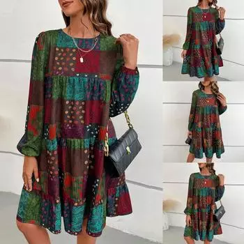 Женское повседневное и модное кукольное платье с круглым вырезом и длинными рукавами с принтом L зелёный