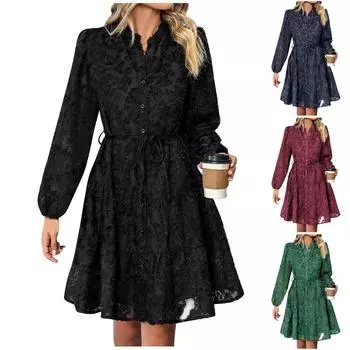 Женское повседневное и модное лоскутное однотонное платье на пуговицах с длинными рукавами L чёрный