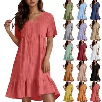 Женское повседневное и модное однотонное платье, свободное платье с короткими рукавами и застежкой на талии L