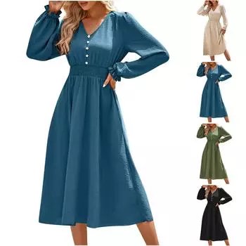 Женское повседневное и модное осенне-зимнее однотонное платье средней длины с v-образным вырезом и поясом L армия зеленый