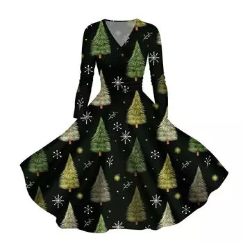 Женское повседневное и модное печатное сексуальное платье с длинными рукавами и V-образным вырезом, сексуальное рождественское платье L темно-зеленого