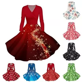 Женское повседневное и модное печатное сексуальное платье с длинными рукавами и V-образным вырезом, сексуальное рождественское платье L бежевый