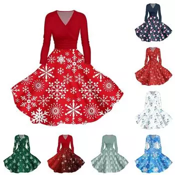 Женское повседневное и модное печатное сексуальное платье с длинными рукавами и V-образным вырезом, сексуальное рождественское платье XXXXXL