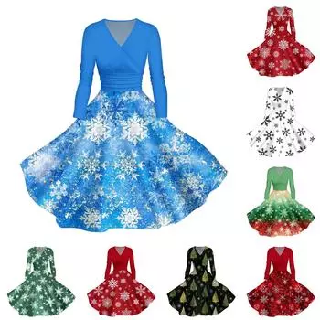 Женское повседневное и модное печатное сексуальное платье с длинными рукавами и V-образным вырезом, сексуальное рождественское платье L темно-зеленого