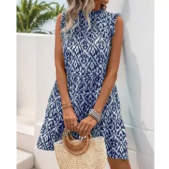 Женское повседневное и модное платье без рукавов с кружевным воротником и принтом L тёмно-синий