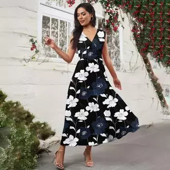 Женское повседневное и модное платье без рукавов с цветочным принтом и V-образным вырезом Платье без рукавов L
