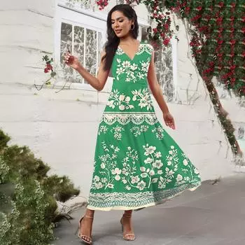 Женское повседневное и модное платье без рукавов с цветочным принтом и V-образным вырезом Платье без рукавов XXL