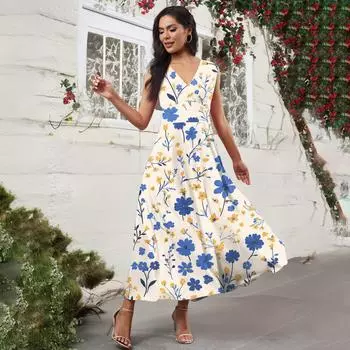 Женское повседневное и модное платье без рукавов с цветочным принтом и V-образным вырезом Платье без рукавов M